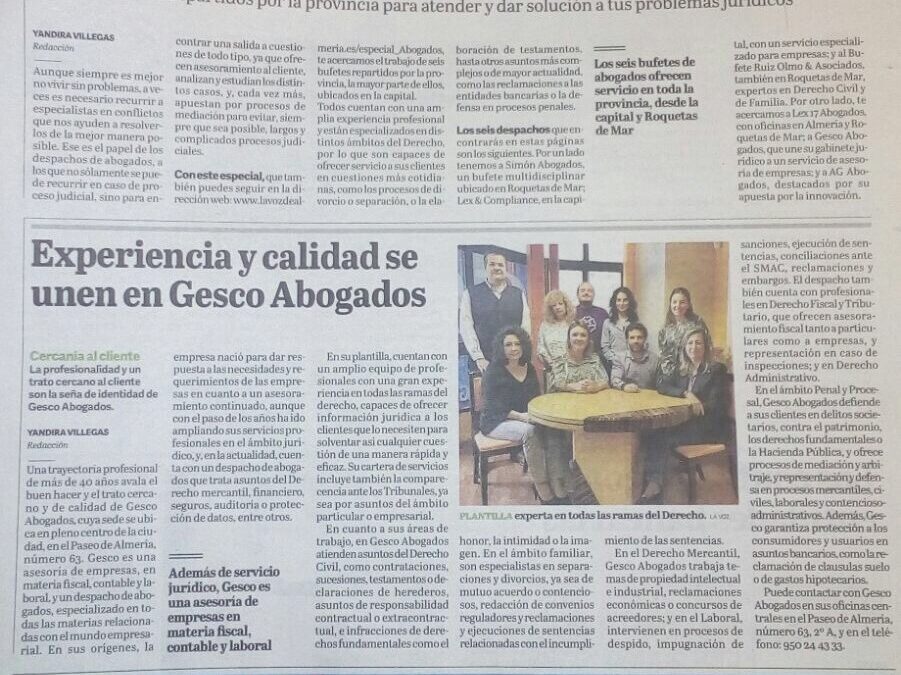 Hoy GESCO asesoría de empresas y GESCO Abogados salen en la Voz de Almería